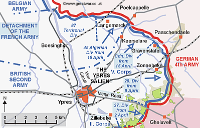 Map of the Ypres Salient showing the relief of the French by the British 27th, 28th and 1st Canadian Divisions from early April 1915.