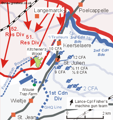 Lance-Corporal Fred Fisher moves his machine gun team from St. Julien to cover the withdrawal of 10th Battery CFA.