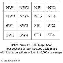 Diagram of the 1:40,000 scale map with the four sections of four 1:20,000 scale maps, each with four 1:10,000 maps in NW, NE, SW and SE.