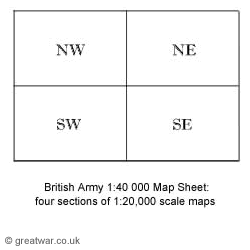 Diagram of the 1:40,000 scale map with the four sections of four 1:20,000 scale maps as NW, NE, SW and SE.