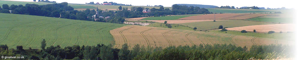 View of the Ancre river valley from the southern bank looking north-west towards Beaumont Hamel on the Somme WW1 battlefield.