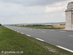 Looking south-west towards Albert along the D929 at Pozieres Memorial and British Cemetery.