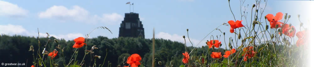 Poppies growing along the Sunken Road on the 1916 Somme battlefield north of Thiepval village and the Thiepval Memorial.