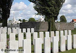 One of the two German bunkers to the right and left of the cemetery entrance at Tyne Cot cemetery.