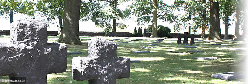 Langemark German Cemetery with a view of Emil Krieger's statue of the four mourning soldiers.