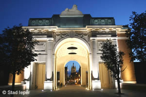 The Menin Gate Memorial at night.