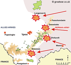 The British and German Armies clash in the First Battle of Ypres, October-November 1914.